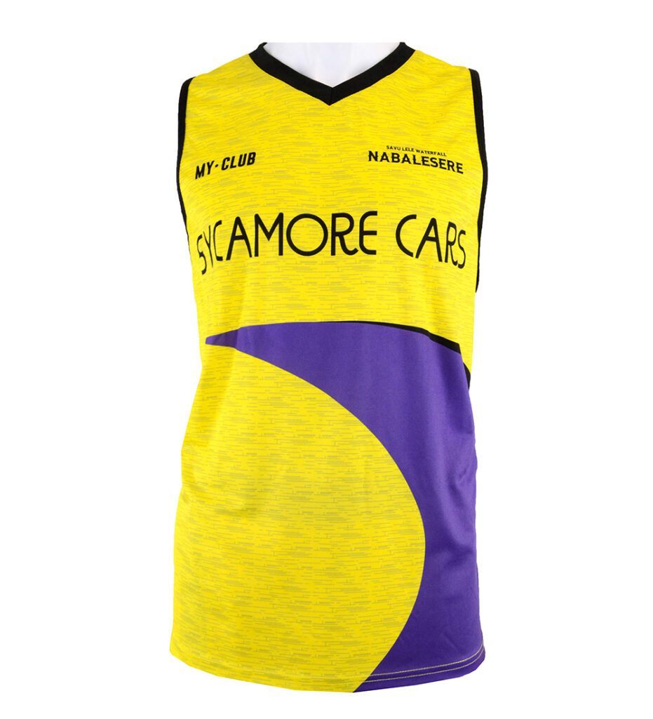 A sleeveless yellow sports vest with black trim, featuring SYCAMORE CARS in bold letters and a large purple curved design. Additional text includes MY-CLUB and NABALESERE near the neckline.