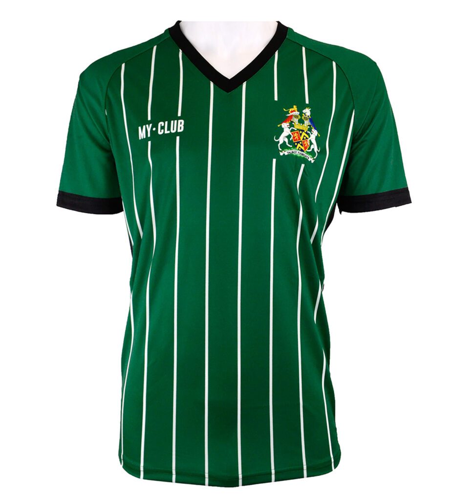 A green short-sleeve football shirt with thin white vertical stripes, black collar and sleeve edges, MY-CLUB text on the left chest, and a colourful crest on the right chest.