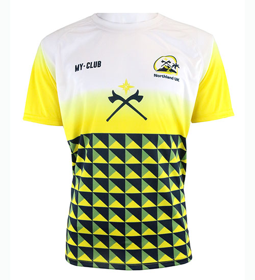 Short-sleeved sports jersey with white and yellow gradient on top, MY CLUB text, a mountain and pickaxe logo, two crossed pickaxes, and a geometric yellow and black triangle pattern on the lower half.