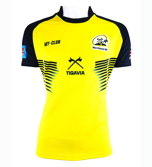 A yellow and black short-sleeve sports shirt with MY-CLUB, Northland UK, and TIQAVIA printed on the front, along with logos and horizontal stripes. The left sleeve has a British flag patch.