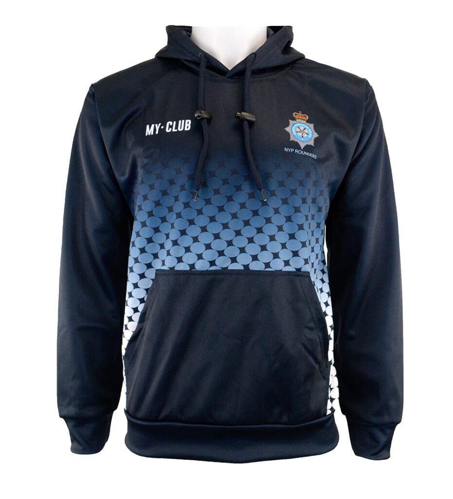 A navy blue hoodie with a front pocket, gradient dot pattern across the chest, and MY CLUB and a crest logo with NSW POLICE on the upper chest. The hoodie has a drawstring hood and long sleeves.