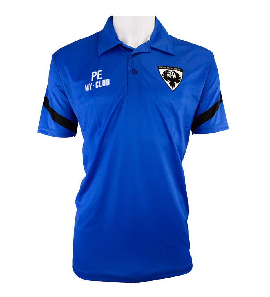A blue short-sleeve sports polo shirt with black stripes on the sleeves, a collar, and buttons. PE MY-CLUB is printed on the chest, along with a black and white football-style club crest.