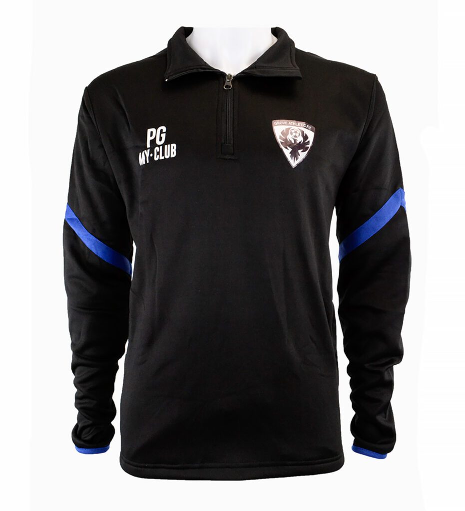 Black long-sleeve sports pullover with a half-zip collar, blue stripes on the sleeves, and a crest logo on the chest. The initials PG and MY-CLUB are printed on the left side.