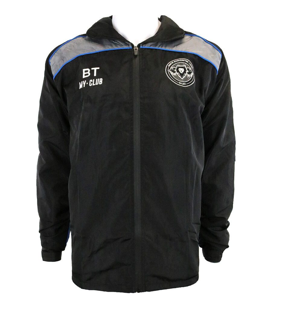 A black zip-up sports jacket with grey and blue shoulder accents, featuring BT and MY-CLUB text on the left chest and a circular logo with a skull on the right chest. The hood is up and sleeves are cuffed.