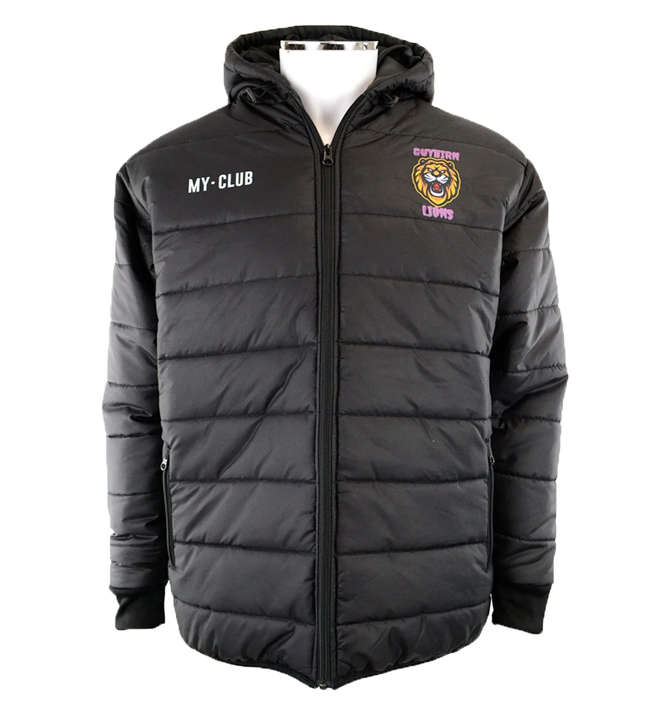 Veste polaire noire avec capuche, portant la mention "MY-CLUB" sur la poitrine droite et l'emblème des "Southern Lions" sur la poitrine gauche.