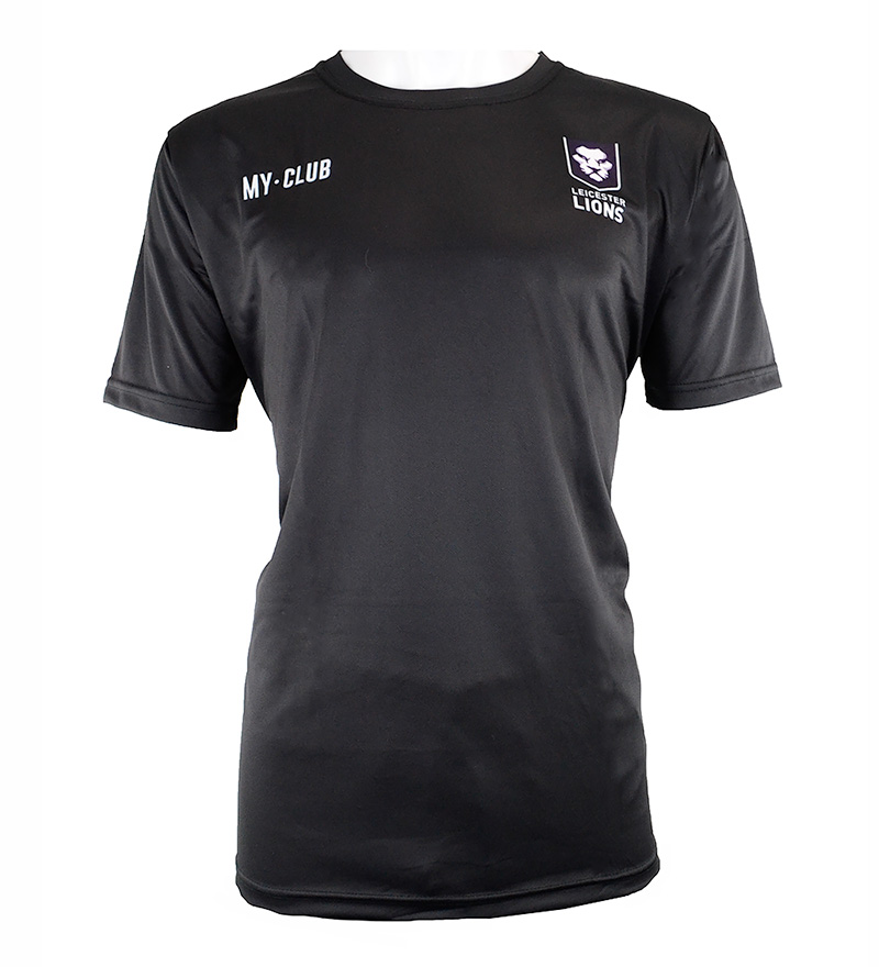A plain black short-sleeve sports shirt with MY-CLUB on the right chest and a LIONS logo with a lion head on the left chest. The shirt is displayed on a white mannequin torso.