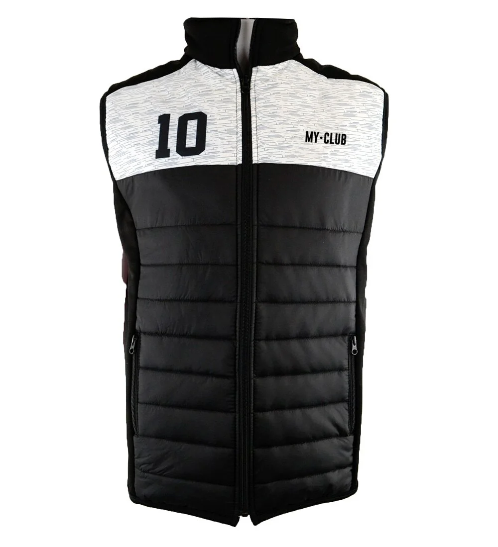 Gilet polaire noir avec une partie supérieure blanche, avec un "10" et "MY-CLUB" imprimés sur le devant.
