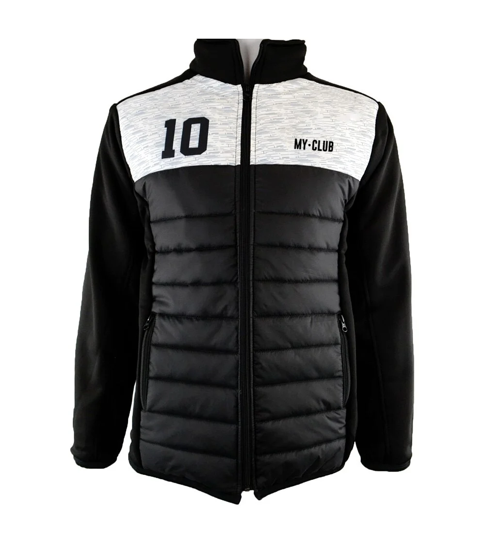 Veste matelassée noire et blanche à col montant, avec le numéro 10 et le texte "MY CLUB" sur le devant.