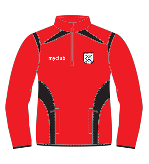 A long-sleeve red sports jacket with black side panels and grey stitching, featuring a zip at the neck, myclub text on the left chest, and a colourful shield emblem on the right chest.