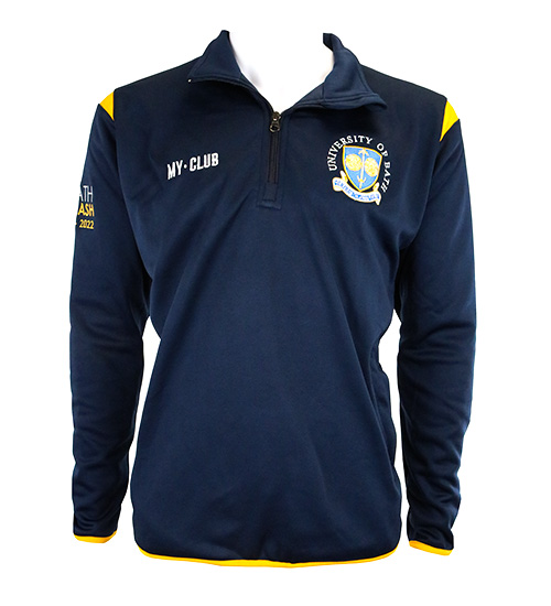 A navy blue quarter-zip jumper with yellow accents, featuring the University of Bath logo on the chest, MY CLUB text on the right chest, and BATH 2022 on the right sleeve.