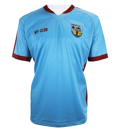 Light blue football shirt with maroon collar and sleeve trim, featuring a crest on the left chest and the text MY-CLUB on the right chest. The shirt is displayed on a mannequin torso.