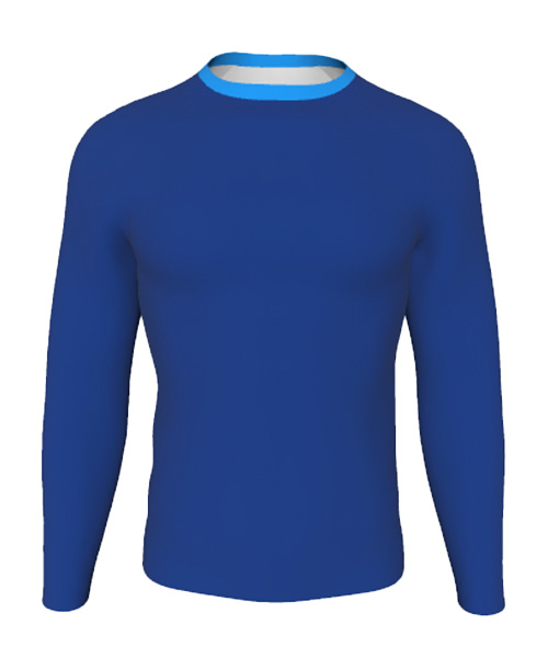 Ein schlichtes, langärmeliges, figurbetontes blaues Trikot mit Rundhalsausschnitt – ideal als Unterhemd oder als Grundlage für deine ganz persönlichen Fußballtrikots, die du mit unserem Trikot-Designer gestalten kannst. Keine sichtbaren Logos oder Muster.