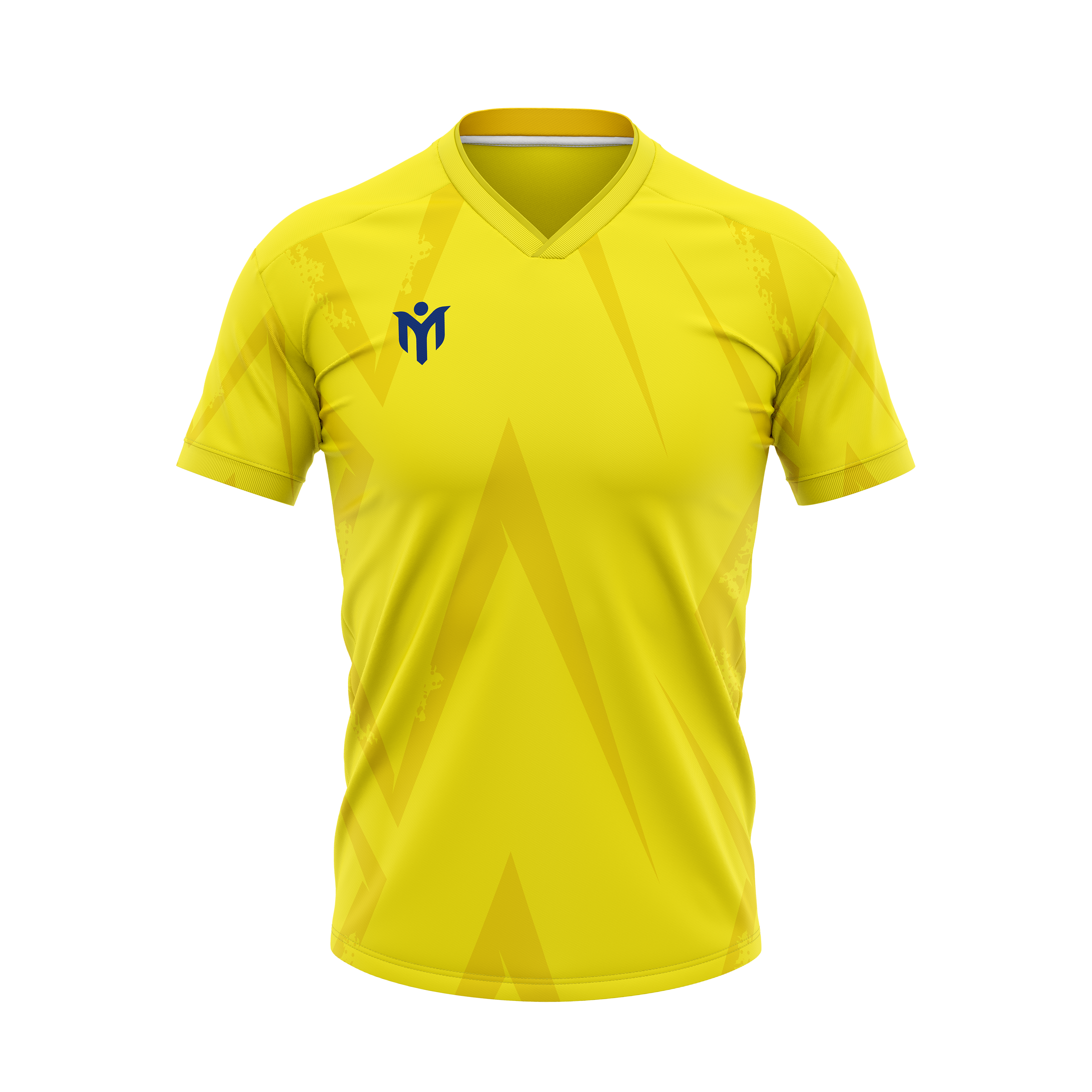 Ein gelbes, kurzärmeliges Sportshirt mit dezenten, diagonalen Blitzmustern, einem V-Ausschnitt und einem kleinen blauen Logo auf der linken Brust. Das Shirt ist auf einem schlichten weißen Hintergrund abgebildet.