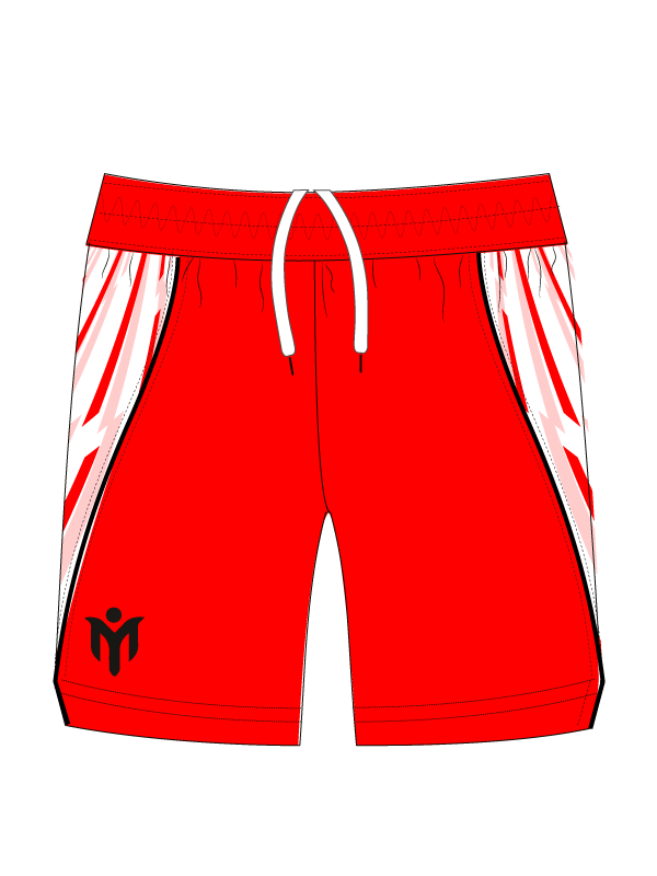 Rote Sportshorts mit weißem Kordelzug, schwarzem Logo auf dem linken Bein und weiß-roten grafischen Motiven auf den Seitenteilen auf hellgrauem Hintergrund.