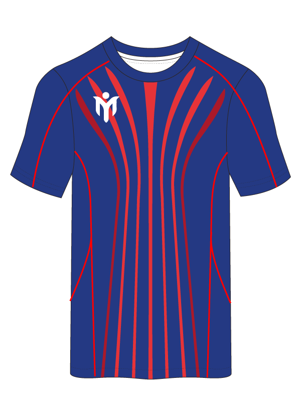 Blaues, kurzärmeliges Sporttrikot mit roten, geschwungenen Linien, die von der Taille nach oben verlaufen, und einem weißen, abstrakten Logo auf der linken Schulter.