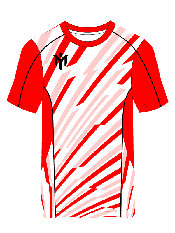 Kurzärmeliges Sporttrikot in Rot und Weiß mit kräftigen, gezackten diagonalen Blitzmustern, schwarzen Paspeln und einem schwarzen abstrakten Logo auf der linken Brust.