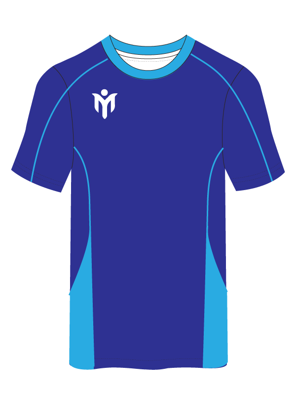 Blaues Sporthemd mit hellblauen Akzenten an den Seiten, Schultern und am Kragen. Ein weißes abstraktes Logo befindet sich auf der linken Brust. Das Hemd hat kurze Ärmel und ein einfaches, modernes Design.