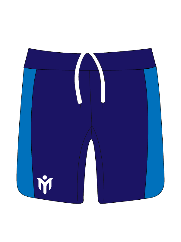 Marineblaue Sportshorts mit hellblauen Seitenteilen, weißem Kordelzug und weißem stilisierten Logo auf dem linken Bein. Die Shorts haben ein einfaches, sportliches Design.