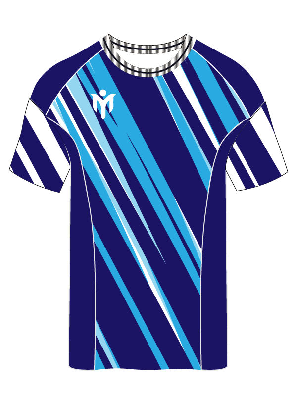 Ein blaues Sport-T-Shirt mit hellblauen und weißen Diagonalstreifen, mit einem kleinen weißen Logo auf der linken Brust. Auch die Ärmel haben ein passendes Streifenmuster.