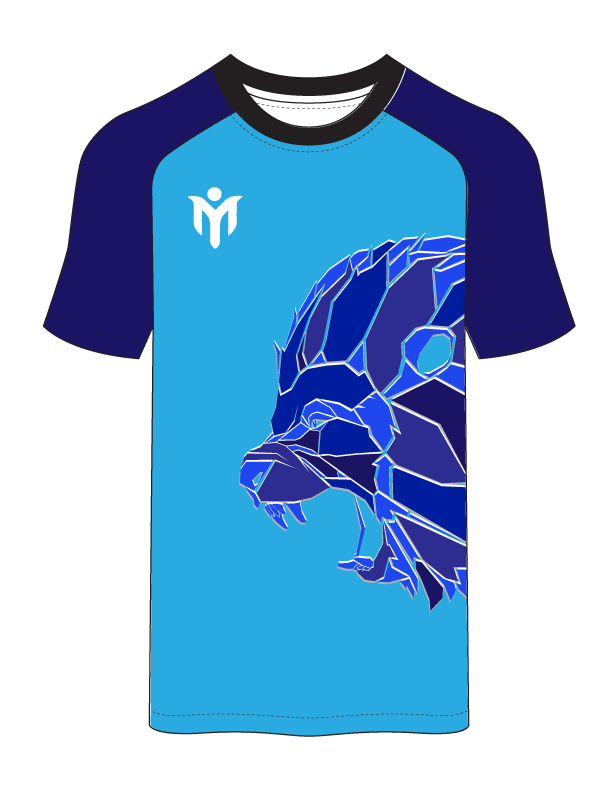 Ein blau-schwarzes Hemd mit einem Löwenkopf.