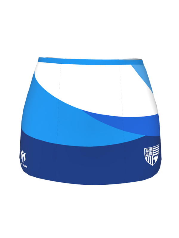Una gonna sportiva blu con strisce curve bianche e azzurre, con il logo di una squadra sportiva in basso a destra e una piccola icona bianca in basso a sinistra: perfetta per mostrare il tuo spirito di squadra con un abbigliamento sportivo personalizzato.