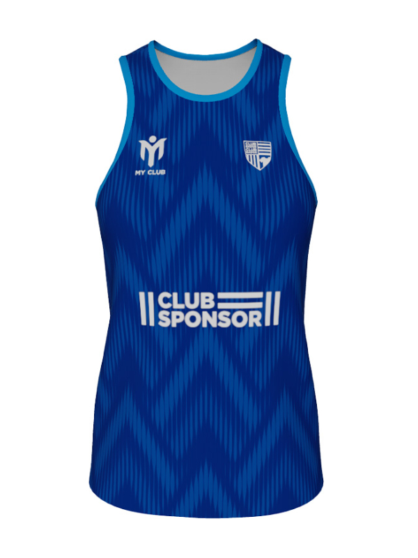 Ein ärmelloses blaues Sport-Trikot mit Zickzackmuster, hellblauen Paspeln und weißen Logos mit den Aufschriften „MY CLUB“, einem Wappen sowie „CLUB SPONSOR“ mit horizontalen Streifen auf der Vorderseite – ideal für die Gestaltung individueller Sportbekleidung oder für die Anforderungen von Ausrüstungsdesignern.