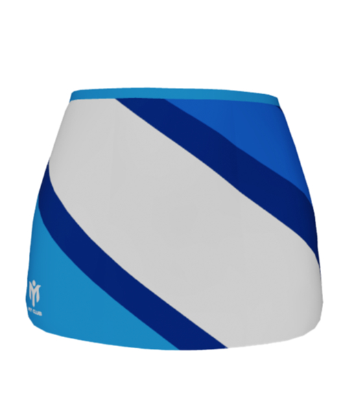 Una gonna corta da ginnastica con strisce diagonali nei colori bianco, azzurro e blu scuro. Ideale per le divise sportive personalizzate, presenta un piccolo logo bianco nella parte inferiore sinistra.