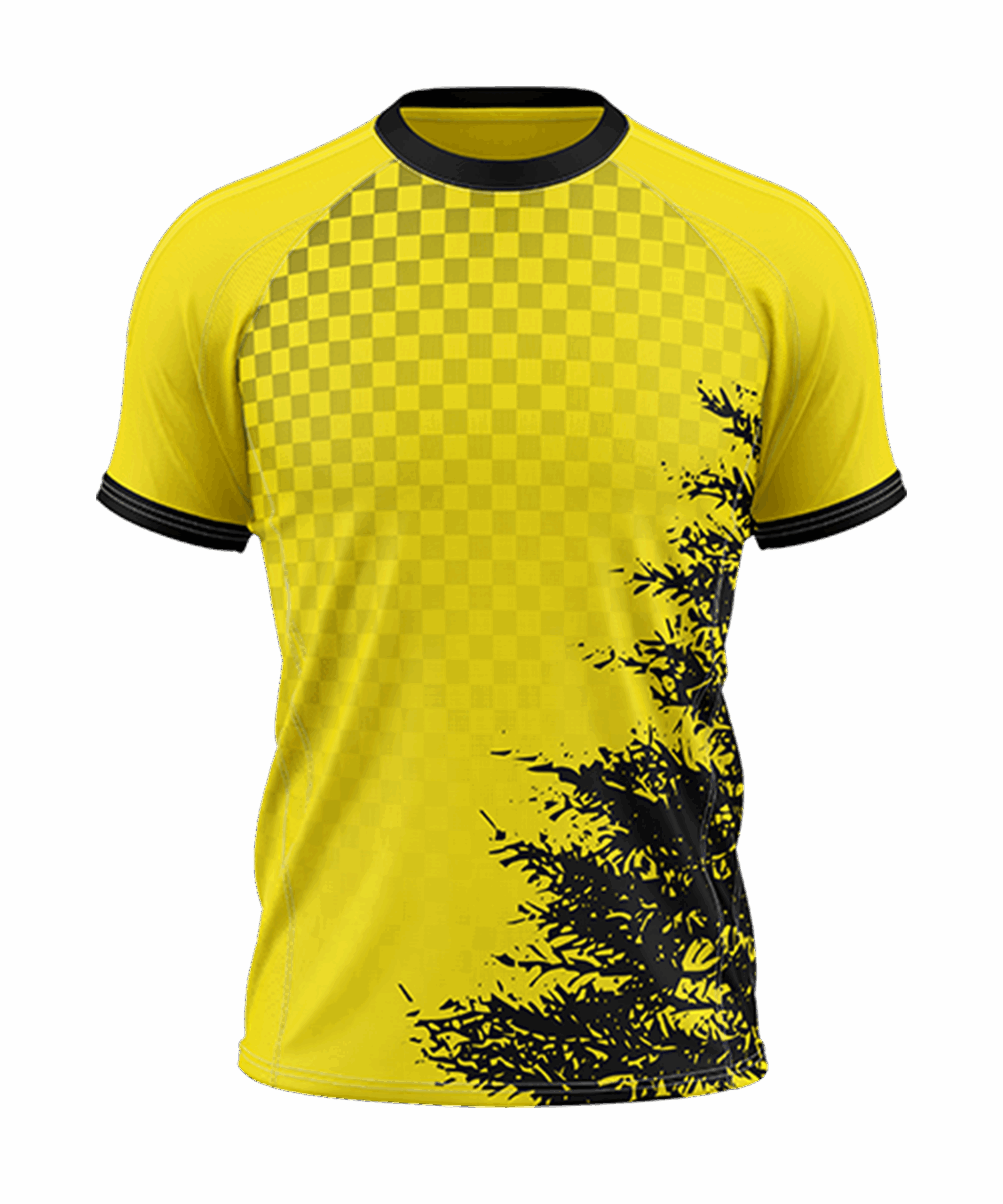 Ein leuchtend gelbes, kurzärmeliges Sporthemd mit schwarzem Kragen und Ärmelkanten. Das Hemd hat ein dezentes Karomuster auf der oberen Brust und eine auffällige schwarze abstrakte Grafik auf der unteren rechten Seite.