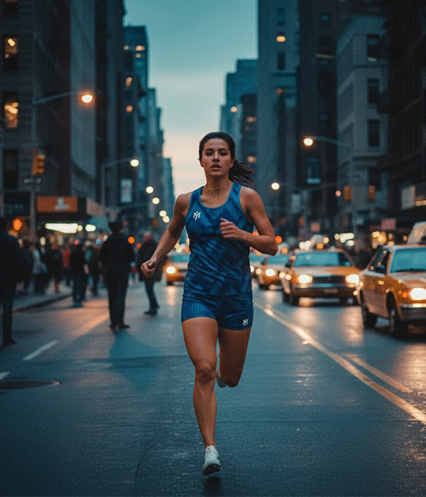 Une femme en tenue de sport bleue court dans le centre d'une rue de la ville au crépuscule, entourée de voitures et de taxis et bordée de grands immeubles.