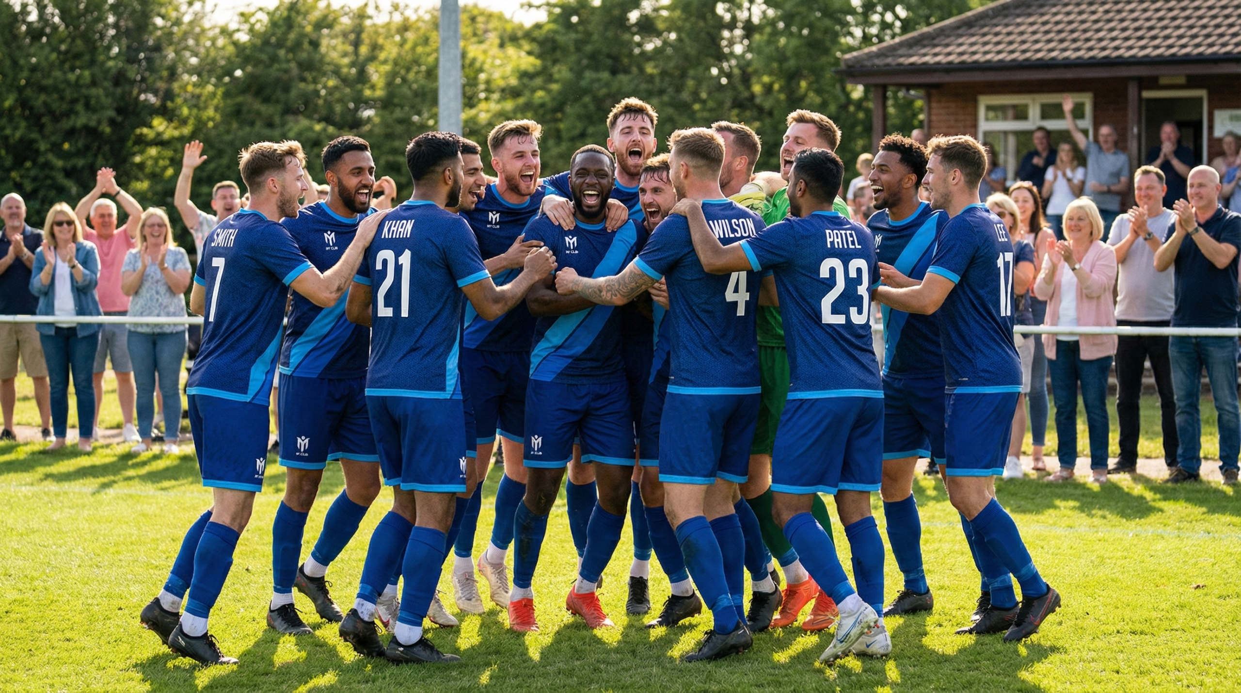 A group of male football players in blue kits celebrate together on a grassy pitch, smiling and hugging, while a crowd of people in the background cheer and clap.