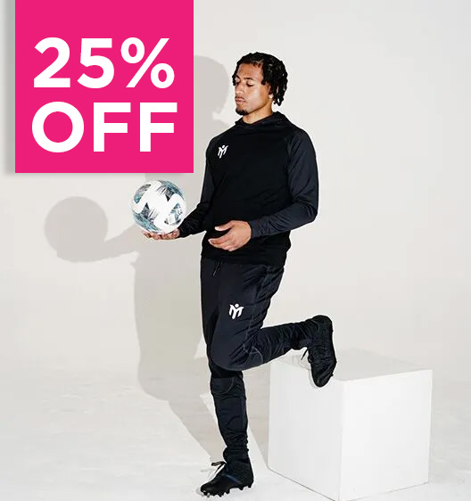 A person in black sportswear poses with a football and rests one foot on a white cube. A bright pink sign in the corner reads “25% OFF.”.