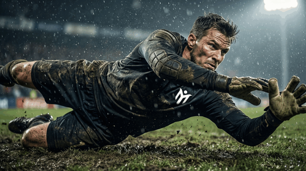 Un portero de fútbol masculino, vestido con una equipación de fútbol personalizada y cubierto de barro, se lanza hacia su izquierda para detener un balón durante un partido bajo las brillantes luces de un estadio, mostrando una intensa concentración y determinación.
