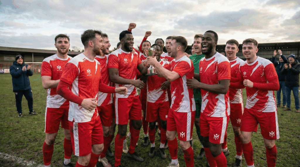 Un equipo de fútbol ataviado con equipaciones de fútbol personalizadas, de pie sobre un terreno de juego, celebrando juntos la consecución de un trofeo. Los jugadores sonríen y aplauden mientras los espectadores miran al fondo.