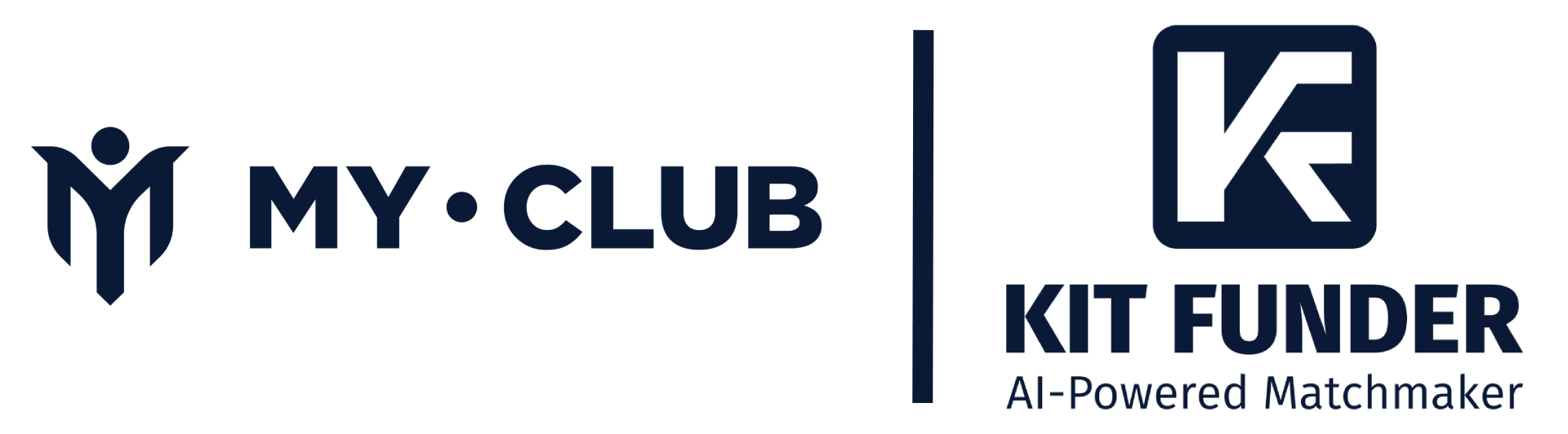 Logos für MY CLUB mit einem stilisierten Personensymbol und KIT FUNDER AI-Powered Matchmaker mit einem stilisierten KF in einem Quadrat, getrennt durch eine vertikale Linie auf hellem Hintergrund.