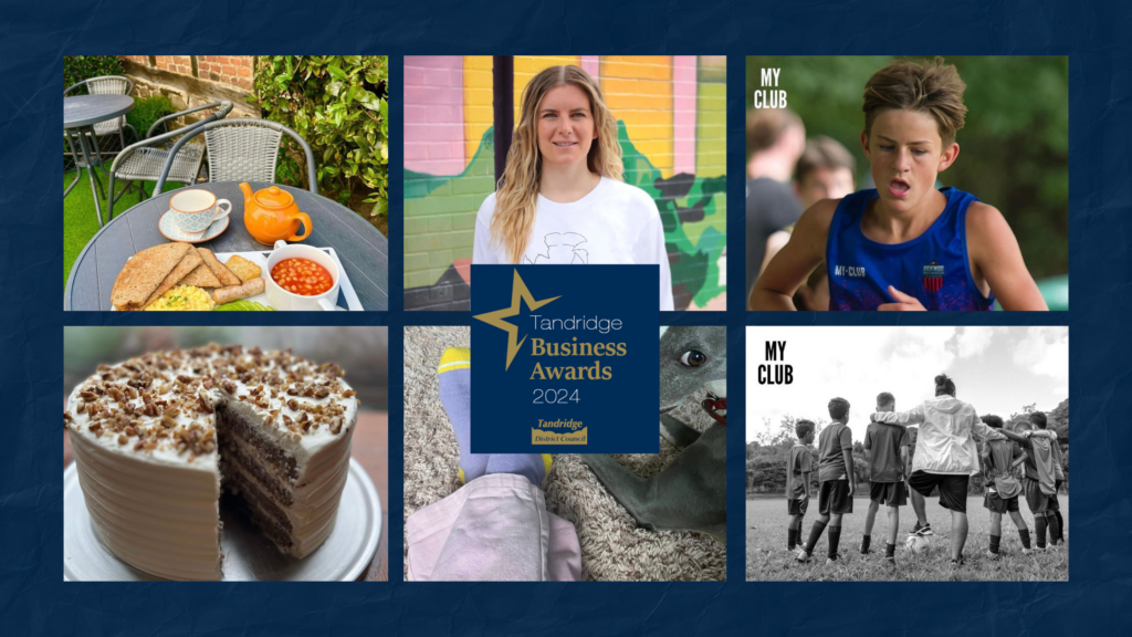 Eine Collage mit Tee und Toast, einer Frau, die im Freien lächelt, einem Jungen, der rennt, einem geschichteten Kuchen, einer Kletterausrüstung, einem Preislogo mit der Aufschrift Tandridge Business Awards 2024 und einem Schwarz-Weiß-Foto von Kindern, die auf einem Feld stehen.
