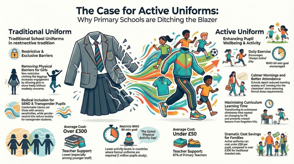 Infografía en la que se comparan los uniformes tradicionales y los uniformes activos en la escuela primaria, destacando beneficios como el aumento de la actividad, el bienestar, la reducción de costes y la mejora de la asistencia con uniformes activos frente a las opciones tradicionales restrictivas y costosas. Ilustraciones de niños activos.