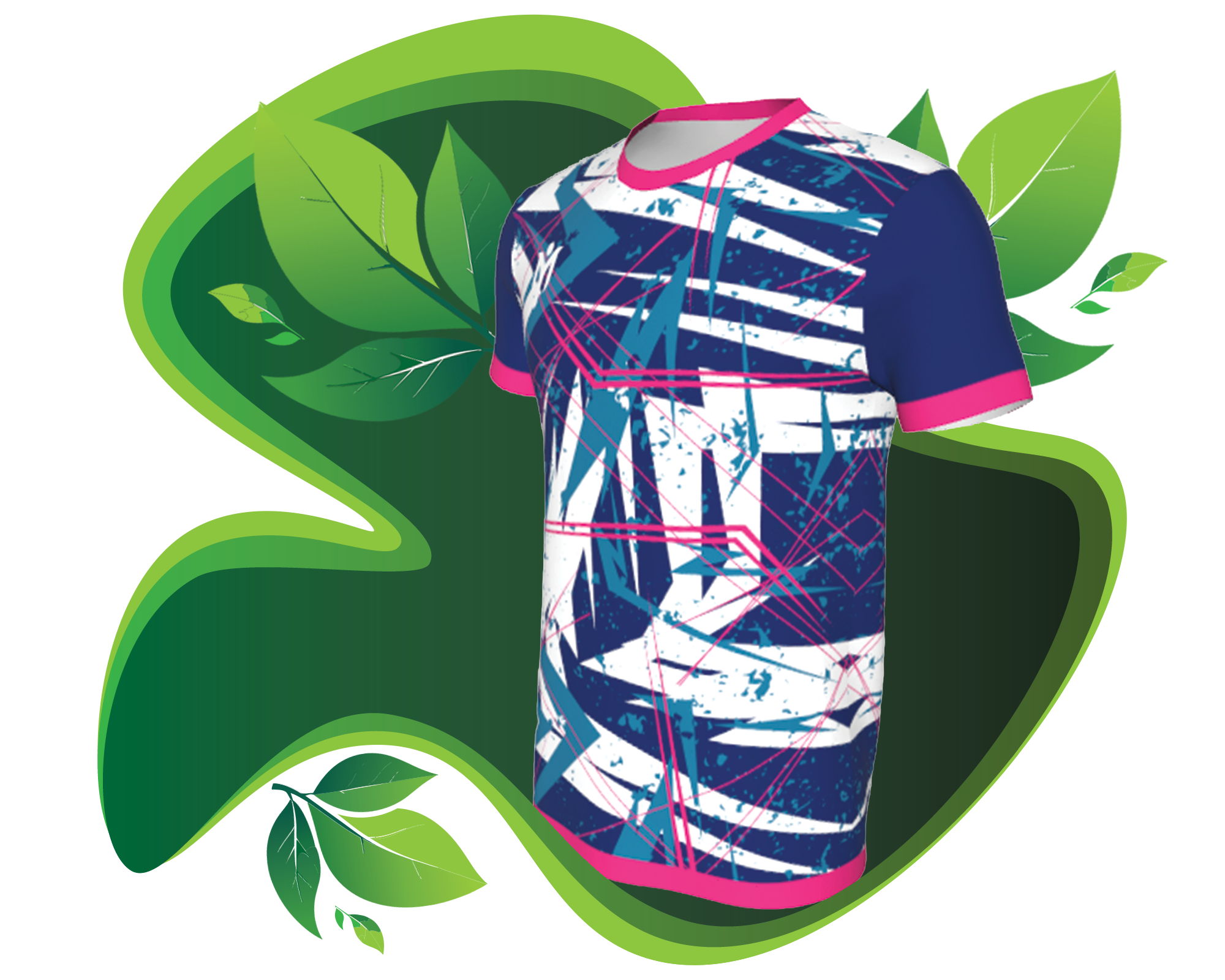 Ein kurzärmeliges Sportshirt mit einem abstrakten geometrischen Muster in Blau, Weiß und Rosa vor einem grafischen Hintergrund aus geschichteten grünen Blättern.