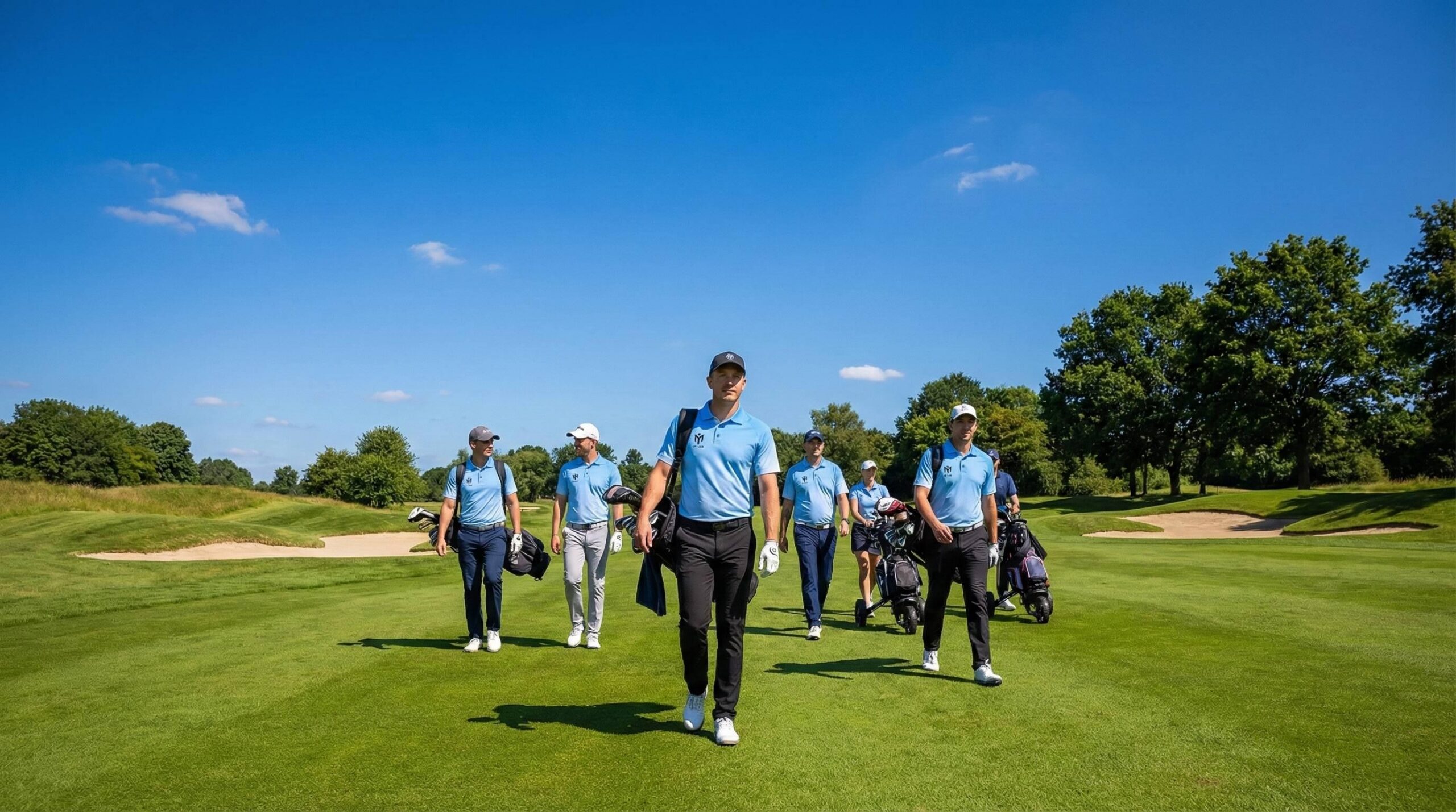 A group of six golfers in matching blue shirts walk across a sunny, green golf course, carrying clubs and equipment, with sand bunkers and trees in the background.