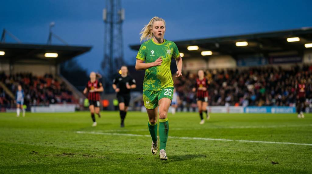 A female footballer in a green and yellow kit runs on a stadium pitch during a match, with teammates, opponents, and a referee visible in the background under stadium floodlights.