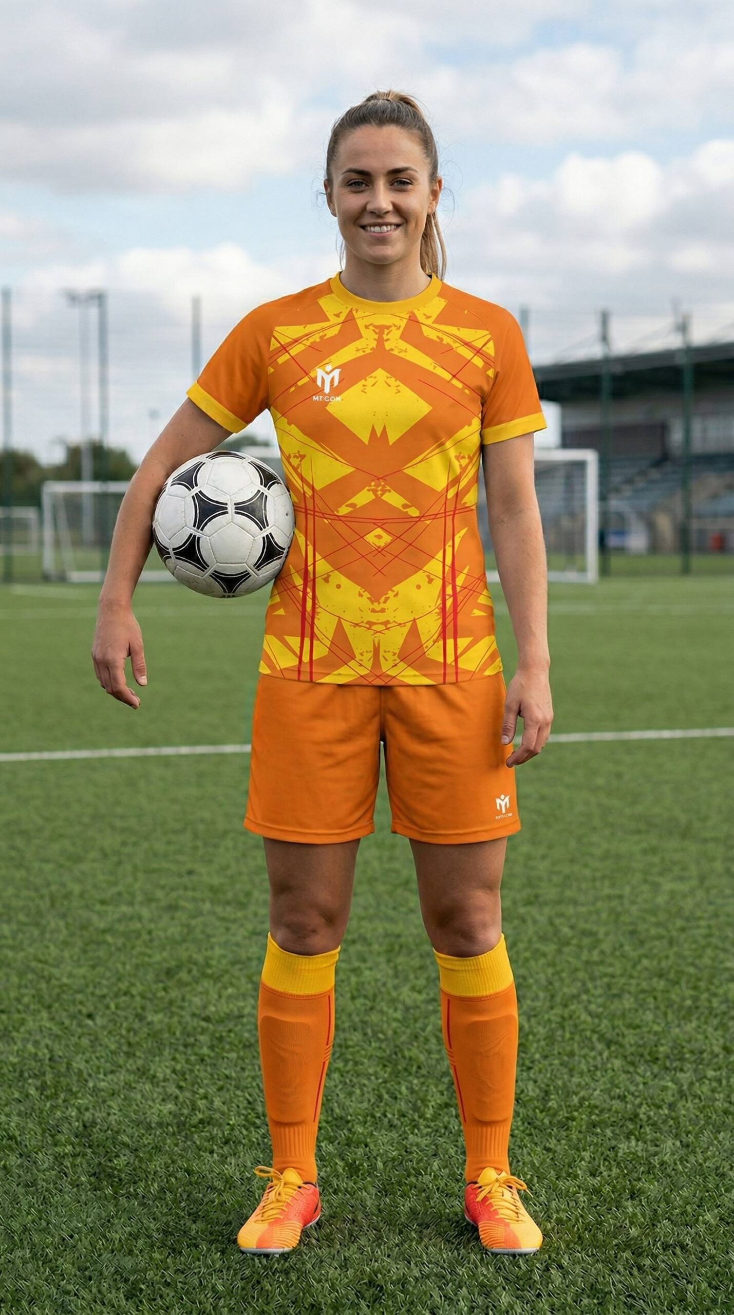 A female footballer stands on a green pitch, smiling and holding a football under her arm. She wears a bright orange and yellow kit with geometric patterns, yellow socks, and orange boots. Football goals are visible in the background.