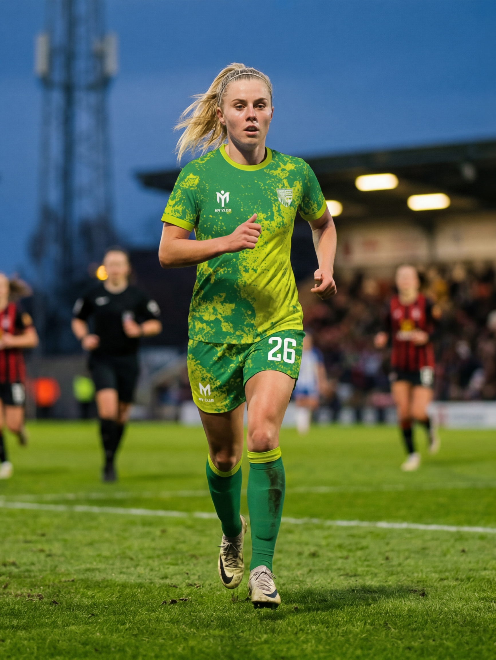A female footballer in a green and yellow kit runs on a football pitch during a match, with a blurred crowd and other players in the background.