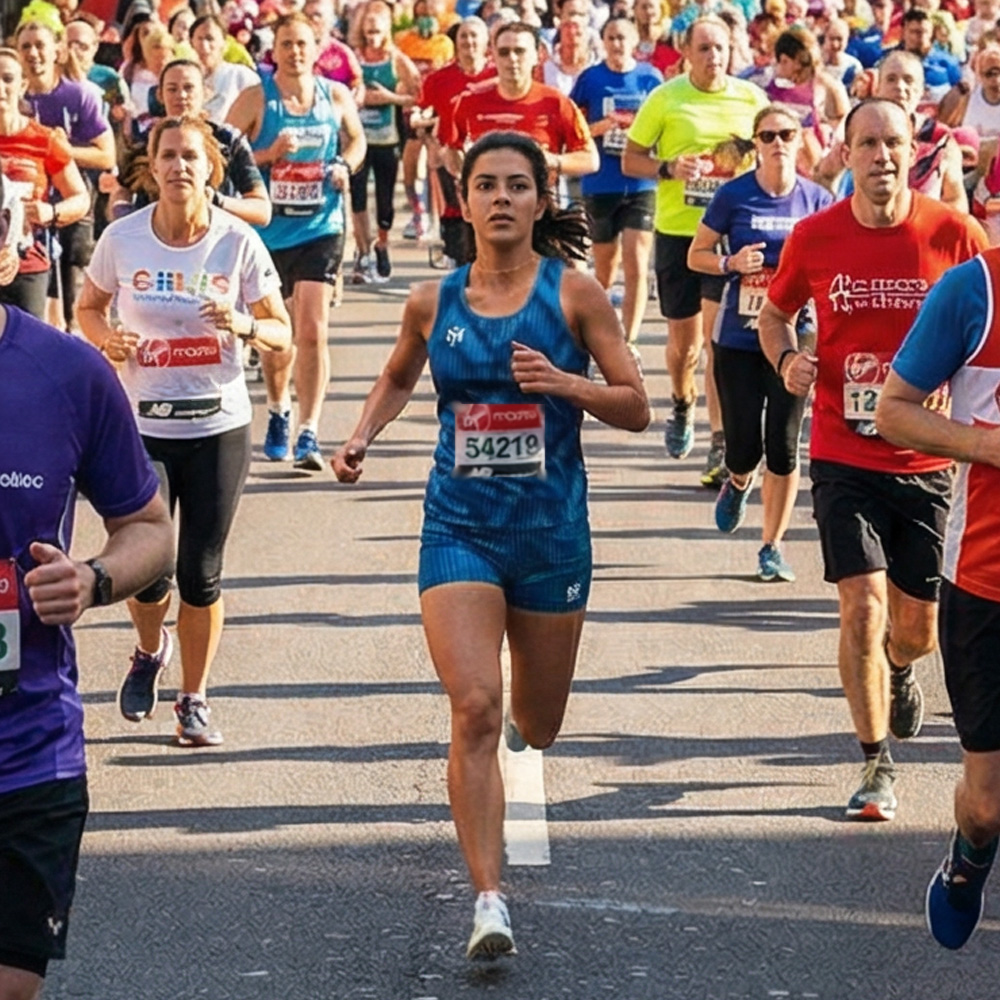 Un groupe de coureurs participe à une course sur route. Ils portent des tenues de sport colorées et des dossards numérotés, et courent les uns près des autres par une journée ensoleillée.