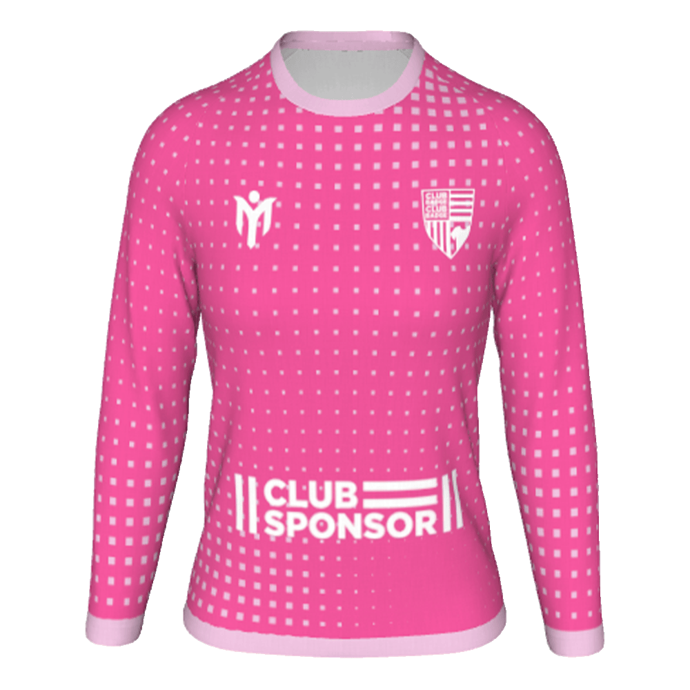 A long-sleeved, pink football jersey with a white dotted square pattern, white collar and cuffs, and white logos, including a shield, a stylised M, and the text CLUB SPONSOR across the front.