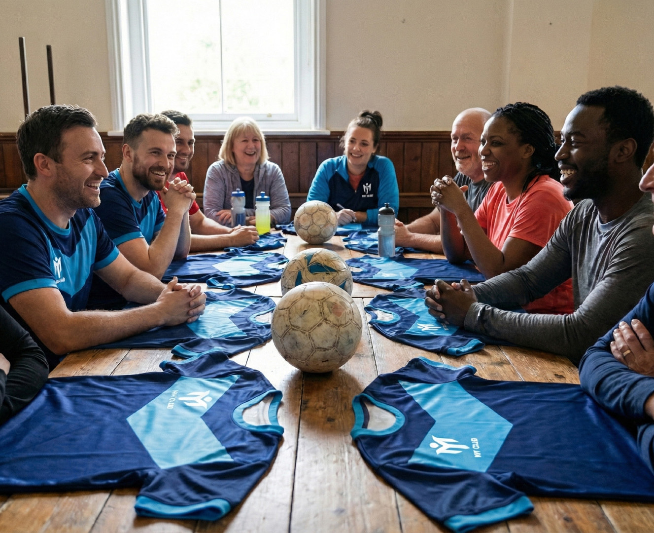 Un groupe de personnes en tenue de sport est assis autour d'une table avec des ballons de football et des trousses bleues, souriant et discutant dans une pièce lumineuse avec une fenêtre en arrière-plan.