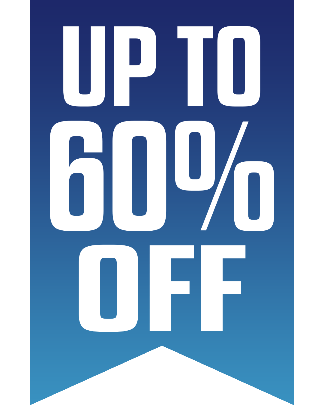 A blue gradient banner with bold white text stating UP TO 60% OFF.