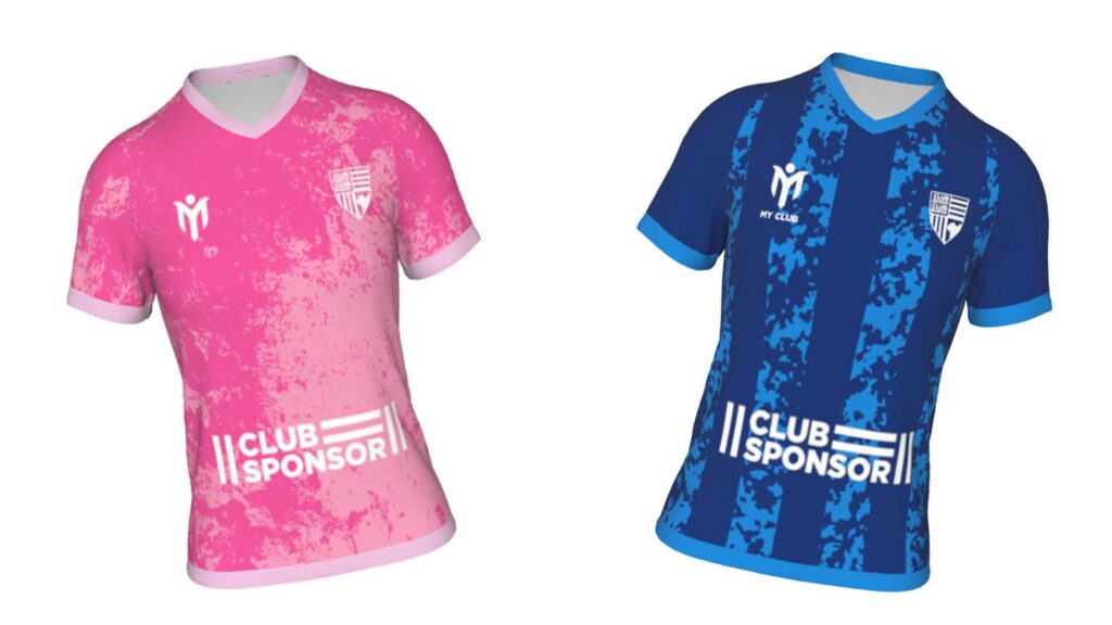 Two football shirts are displayed: women's custom football kits, one pink with white trim and patterns, the other blue with dark and light blue abstract designs. Both feature a white sponsor logo and a crest on the chest.