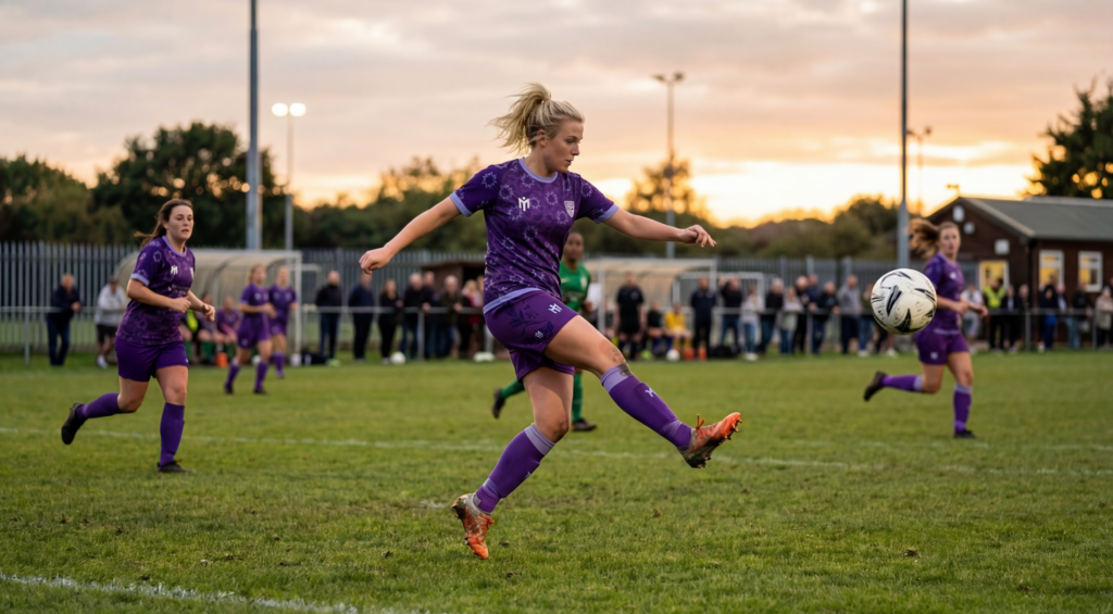 A female footballer in a purple women's custom football kit is mid-air, preparing to kick the ball on a grassy pitch during a match. Teammates and spectators are visible in the background at sunset.