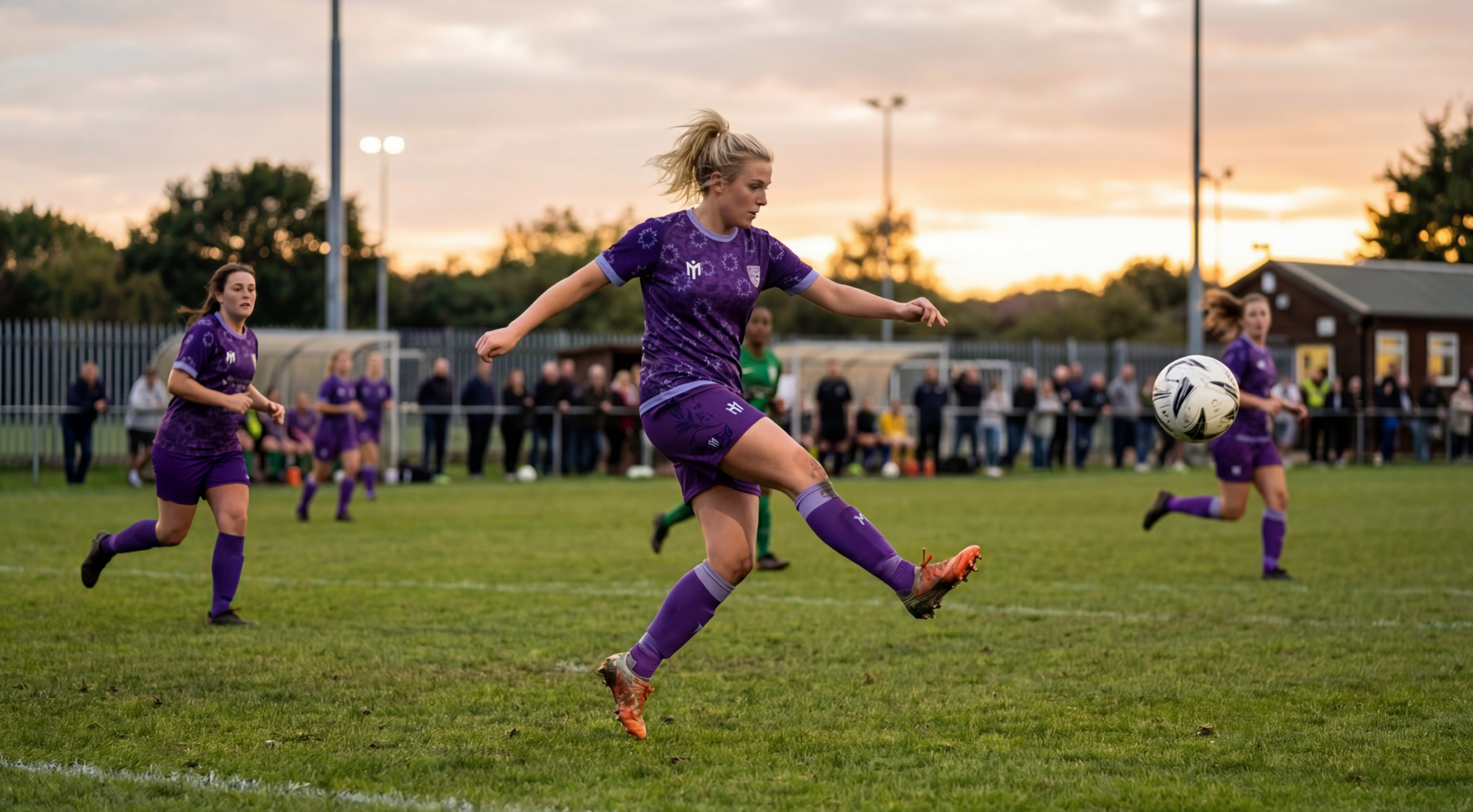 A female footballer in a purple women's custom football kit is mid-air, preparing to kick the ball on a grassy pitch during a match. Teammates and spectators are visible in the background at sunset.