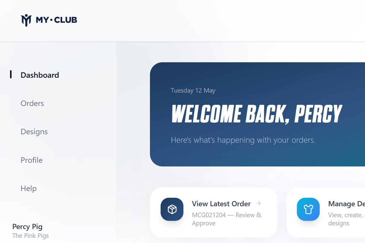A dashboard screen for MY•CLUB shows a sidebar menu with options like Dashboard, Orders, Designs, Profile, and Help. The main section welcomes the user, Percy, and displays order and design management options.