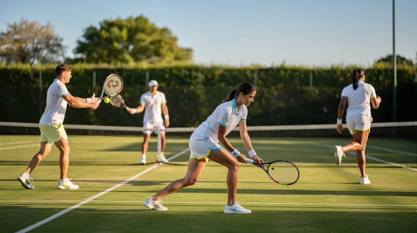 A group of mixed tennis players in coordinated white tennis apparel with subtle colored trim are warming up on a sunny grass tennis court, showcasing their custom tennis shirts and a unified team spirit. The scene captures the essence of sport and preparation for upcoming matches.